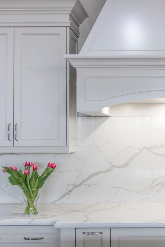 Solid Slab Kitchen Backsplash, white marble